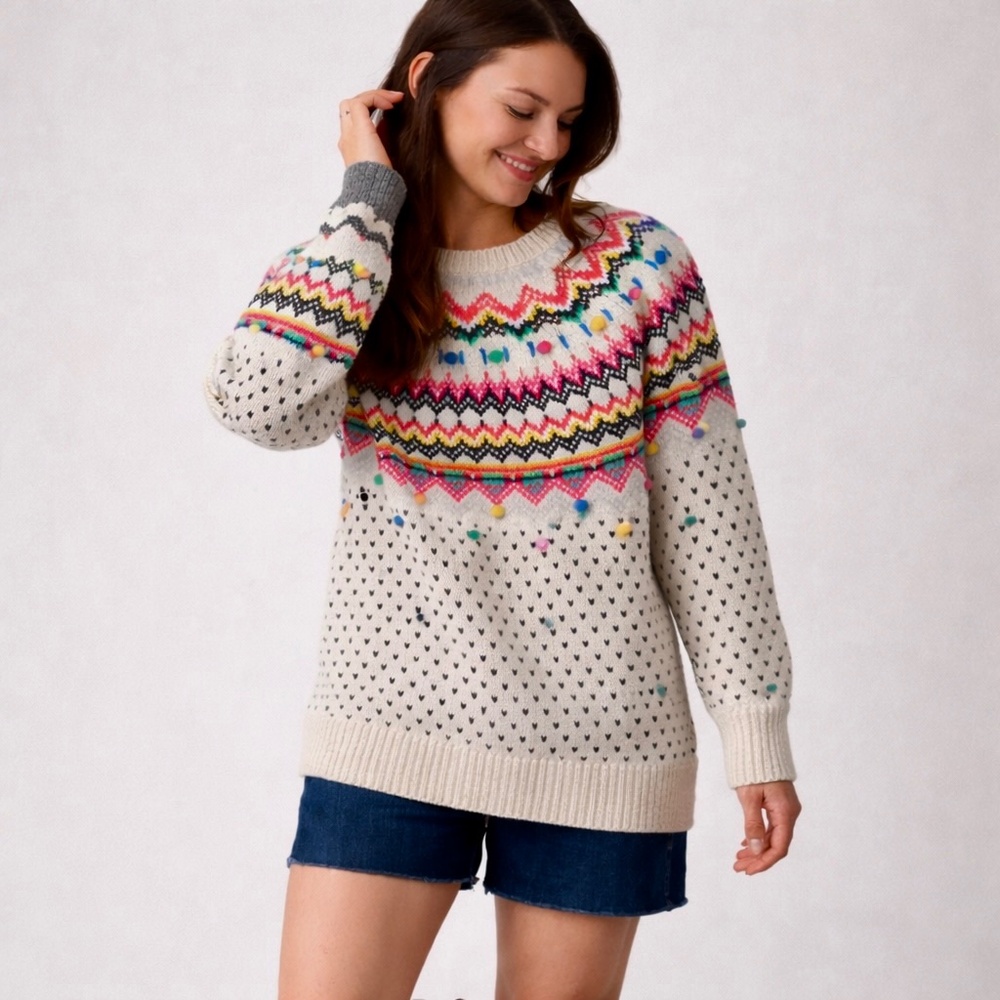 Talbots Multi-Colored Fair Isle Pom Pom Button Back Sweater Women's size M - Picture 12 of 12